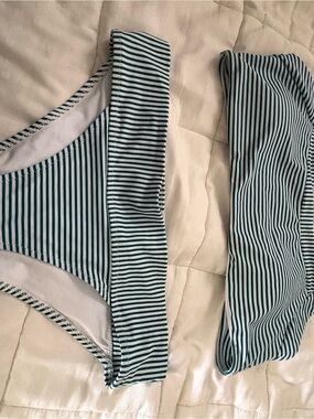 Striped Green and White Bikini Set - Women's Swim
